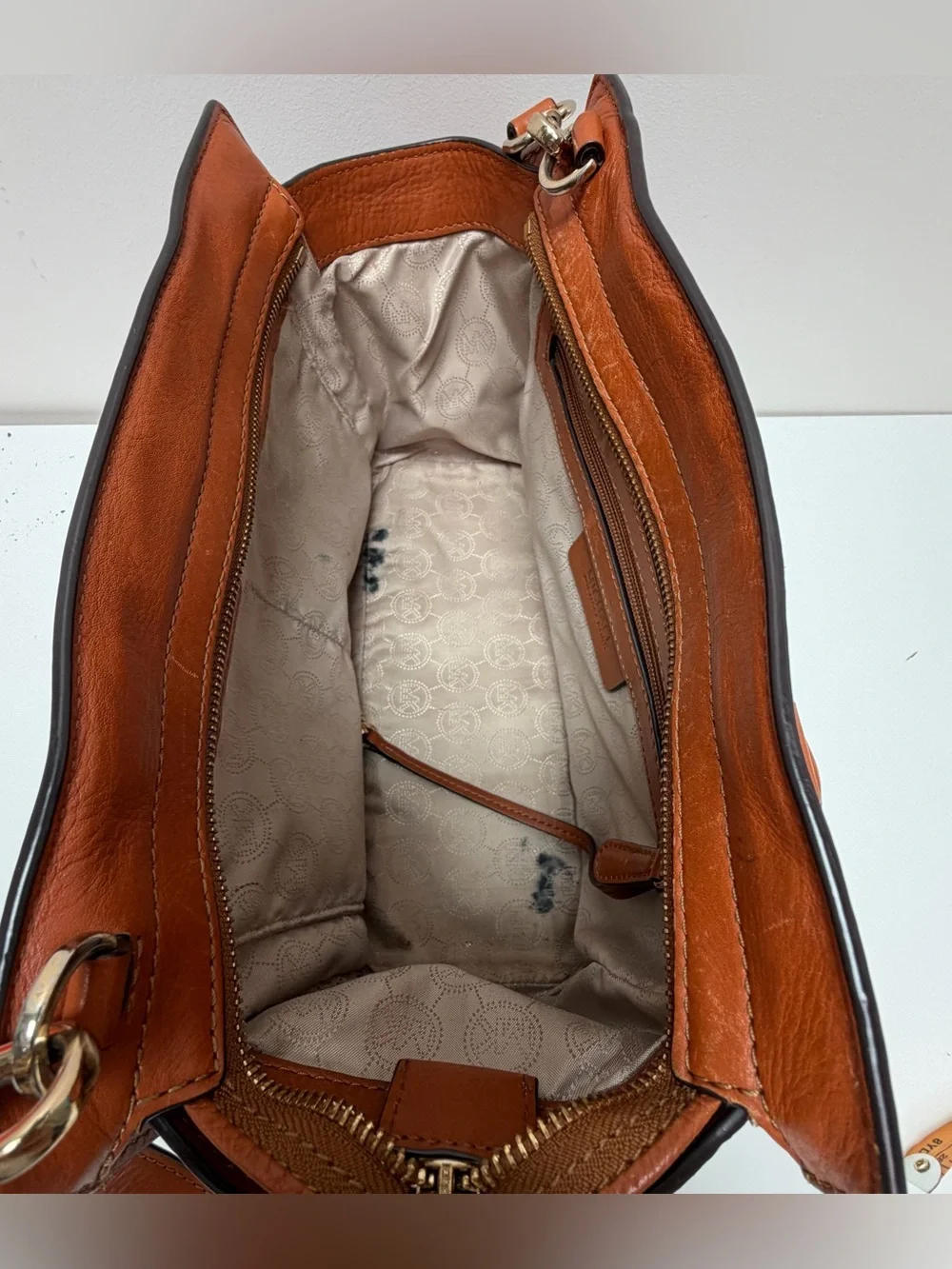 Michael Kors Brown & Tan Logo Satchel with Gold Hardware